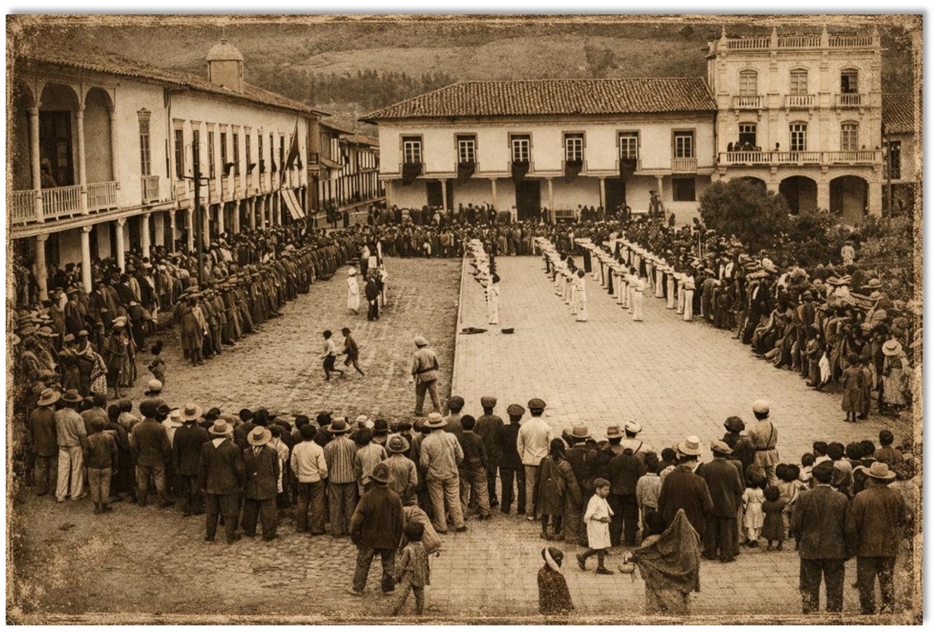 Al fondo, con crespones negros: Casa de Fernando Lequerica Riofrío Paso a manos de su hermana Isabel Lequerica Riofrío – luego a José Pío Eguiguren Borrero  y por último María Esther Eguiguren Eguiguren - hoy es de propiedad de Pedro Ortiz