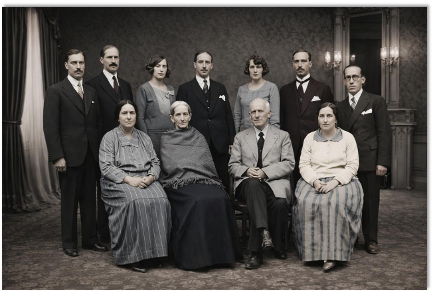 De pie: Filoteo - José María - Victoria – Ramón -María de Jesús – Baltazar y Francisco Burneo Samaniego Sentados: María  Josefa  Burneo Samaniego, Etelvida Samaniego Carrión,  José María Burneo Riofrío , María del Carmen Burneo Samaniego Loja, 19 de marzo de 1934